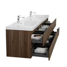 Load image into Gallery viewer, LAVIVA 313AUR-84DSW-GW Aurora 84" Smokey Walnut Wall Hung Double Sink Bathroom Vanity with White Acrylic Countertop