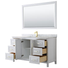 Load image into Gallery viewer, Wyndham Collection WCV252560SWGCMUNSM58 Daria 60 Inch Single Bathroom Vanity in White, White Carrara Marble Countertop, Undermount Square Sink, 58 Inch Mirror, Brushed Gold Trim