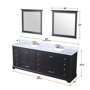 Lexora LD342284DGDSM34F Dukes 84" Espresso Double Vanity, White Carrara Marble Top, White Square Sinks and 34" Mirrors w/ Faucets