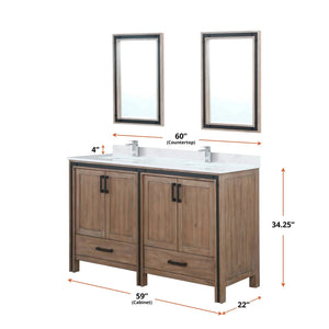 Lexora LZV352260SNJSM22 Ziva 60" Rustic Barnwood Double Vanity, Cultured Marble Top, White Square Sink and 22" Mirrors