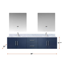 Load image into Gallery viewer, Lexora LG192280DEDS000 Geneva 80&quot; Navy Blue Double Vanity, White Carrara Marble Top, White Square Sinks and no Mirror