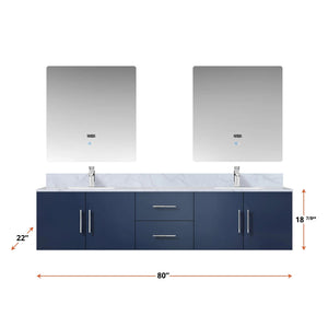 Lexora LG192280DEDS000 Geneva 80" Navy Blue Double Vanity, White Carrara Marble Top, White Square Sinks and no Mirror