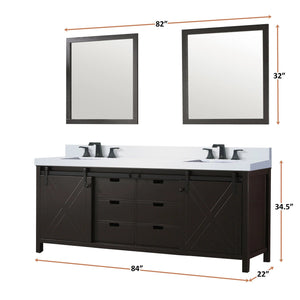 Lexora LM342284DCCS000 Marsyas 84" Brown Double Vanity, White Quartz Top, White Square Sinks and no Mirror