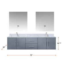 Load image into Gallery viewer, Lexora LG192272DBDSLM30 Geneva 72&quot; Dark Grey Double Vanity, White Carrara Marble Top, White Square Sinks and 30&quot; LED Mirrors