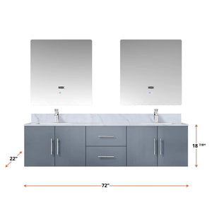 Lexora LG192272DBDSLM30 Geneva 72" Dark Grey Double Vanity, White Carrara Marble Top, White Square Sinks and 30" LED Mirrors