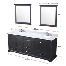 Load image into Gallery viewer, Lexora LD342280DGDSM30F Dukes 80&quot; Espresso Double Vanity, White Carrara Marble Top, White Square Sinks and 30&quot; Mirrors w/ Faucets