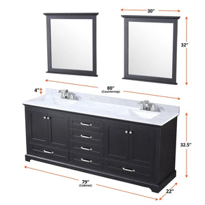 Lexora LD342280DGDSM30F Dukes 80" Espresso Double Vanity, White Carrara Marble Top, White Square Sinks and 30" Mirrors w/ Faucets