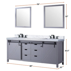 Lexora LM342280DBBS000 Marsyas 80" Dark Grey Double Vanity, White Carrara Marble Top, White Square Sinks and no Mirror