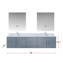 Load image into Gallery viewer, Lexora LG192280DBDSLM30F Geneva 80&quot; Dark Grey Double Vanity, White Carrara Marble Top, White Square Sinks and 30&quot; LED Mirrors w/ Faucets