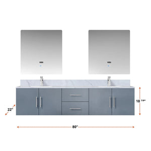 Lexora LG192280DBDSLM30F Geneva 80" Dark Grey Double Vanity, White Carrara Marble Top, White Square Sinks and 30" LED Mirrors w/ Faucets