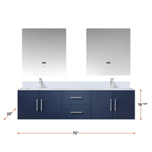 Load image into Gallery viewer, Lexora LG192272DEDSLM30 Geneva 72&quot; Navy Blue Double Vanity, White Carrara Marble Top, White Square Sinks and 30&quot; LED Mirrors