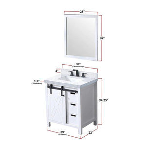 Lexora LM342230SA00M28 Marsyas 30" White Single Vanity, no Top and 28" Mirror