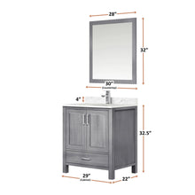Load image into Gallery viewer, Lexora LJ342230SDDSM28 Jacques 30&quot; Distressed Grey Single Vanity, White Carrara Marble Top, White Square Sink and 28&quot; Mirror