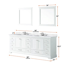 Load image into Gallery viewer, Lexora LD342284DADSM34 Dukes 84&quot; White Double Vanity, White Carrara Marble Top, White Square Sinks and 34&quot; Mirrors