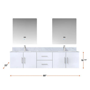 Lexora LG192280DMDSLM30F Geneva 80" Glossy White Double Vanity, White Carrara Marble Top, White Square Sinks and 30" LED Mirrors w/ Faucets