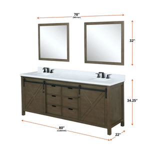 Lexora LM342280DKCSM30 Marsyas 80" Rustic Brown Double Vanity, White Quartz Top, White Square Sinks and 30" Mirrors