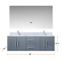 Load image into Gallery viewer, Lexora LG192260DBDSLM60F Geneva 60&quot; Dark Grey Double Vanity, White Carrara Marble Top, White Square Sinks and 60&quot; LED Mirror w/ Faucets
