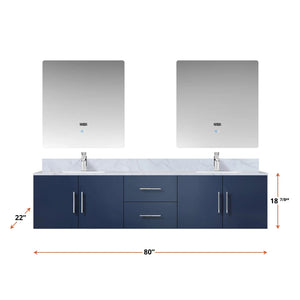 Lexora LG192280DEDSLM30F Geneva 80" Navy Blue Double Vanity, White Carrara Marble Top, White Square Sinks and 30" LED Mirrors w/ Faucets