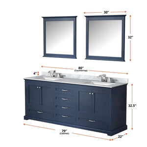 Lexora LD342280DEDSM30F Dukes 80" Navy Blue Double Vanity, White Carrara Marble Top, White Square Sinks and 30" Mirrors w/ Faucets