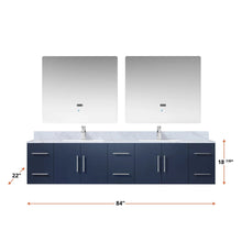 Load image into Gallery viewer, Lexora LG192284DEDSLM36 Geneva 84&quot; Navy Blue Double Vanity, White Carrara Marble Top, White Square Sinks and 36&quot; LED Mirrors