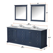 Load image into Gallery viewer, Lexora LD342284DEDSM34 Dukes 84&quot; Navy Blue Double Vanity, White Carrara Marble Top, White Square Sinks and 34&quot; Mirrors