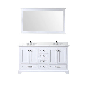 Lexora LD342260DADSM58 Dukes 60" White Double Vanity, White Carrara Marble Top, White Square Sinks and 58" Mirror