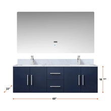 Load image into Gallery viewer, Lexora LG192260DEDSLM60F Geneva 60&quot; Navy Blue Double Vanity, White Carrara Marble Top, White Square Sinks and 60&quot; LED Mirror w/ Faucets
