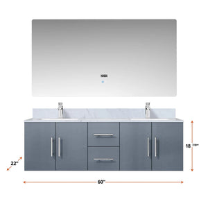 Lexora LG192260DBDS000 Geneva 60" Dark Grey Double Vanity, White Carrara Marble Top, White Square Sinks and no Mirror