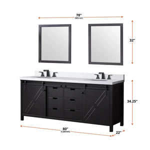 Lexora LM342280DCCSM30 Marsyas 80" Brown Double Vanity, White Quartz Top, White Square Sinks and 30" Mirrors