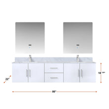 Load image into Gallery viewer, Lexora LG192280DMDSLM30 Geneva 80&quot; Glossy White Double Vanity, White Carrara Marble Top, White Square Sinks and 30&quot; LED Mirrors