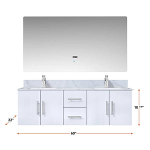 Lexora LG192260DM00LM60 Geneva 60" Glossy White Double Vanity, no Top and 60" LED Mirror