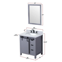 Load image into Gallery viewer, Lexora LM342230SBBSM28F Marsyas 30&quot; Dark Grey Single Vanity, White Carrara Marble Top, White Square Sink and 28&quot; Mirror w/ Faucet