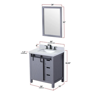 Lexora LM342230SBBSM28F Marsyas 30" Dark Grey Single Vanity, White Carrara Marble Top, White Square Sink and 28" Mirror w/ Faucet