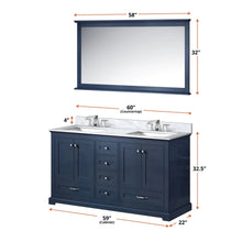 Load image into Gallery viewer, Lexora LD342260DEDSM58F Dukes 60&quot; Navy Blue Double Vanity, White Carrara Marble Top, White Square Sinks and 58&quot; Mirror w/ Faucets
