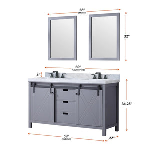 Lexora LM342260DB00M24 Marsyas 60" Dark Grey Double Vanity, no Top and 24" Mirrors