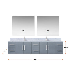 Lexora LG192284DBDSLM36 Geneva 84" Dark Grey Double Vanity, White Carrara Marble Top, White Square Sinks and 36" LED Mirrors