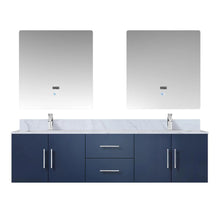 Load image into Gallery viewer, Lexora LG192272DEDSLM30F Geneva 72&quot; Navy Blue Double Vanity, White Carrara Marble Top, White Square Sinks and 30&quot; LED Mirrors w/ Faucets