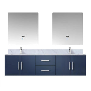 Lexora LG192272DEDSLM30F Geneva 72" Navy Blue Double Vanity, White Carrara Marble Top, White Square Sinks and 30" LED Mirrors w/ Faucets