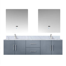 Load image into Gallery viewer, Lexora LG192272DBDSLM30 Geneva 72&quot; Dark Grey Double Vanity, White Carrara Marble Top, White Square Sinks and 30&quot; LED Mirrors