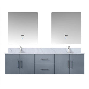 Lexora LG192272DBDSLM30 Geneva 72" Dark Grey Double Vanity, White Carrara Marble Top, White Square Sinks and 30" LED Mirrors