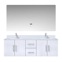 Load image into Gallery viewer, Lexora LG192260DMDSLM60 Geneva 60&quot; Glossy White Double Vanity, White Carrara Marble Top, White Square Sinks and 60&quot; LED Mirror