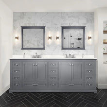 Load image into Gallery viewer, Lexora LD342284DBDSM34F Dukes 84&quot; Dark Grey Double Vanity, White Carrara Marble Top, White Square Sinks and 34&quot; Mirrors w/ Faucets