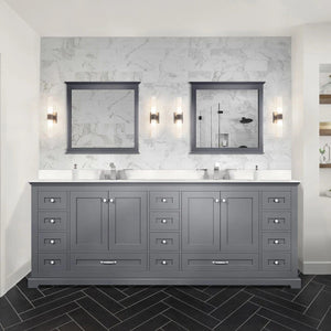 Lexora LD342284DBDSM34F Dukes 84" Dark Grey Double Vanity, White Carrara Marble Top, White Square Sinks and 34" Mirrors w/ Faucets