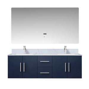 Lexora LG192260DEDSLM60F Geneva 60" Navy Blue Double Vanity, White Carrara Marble Top, White Square Sinks and 60" LED Mirror w/ Faucets