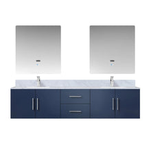 Load image into Gallery viewer, Lexora LG192280DEDSLM30 Geneva 80&quot; Navy Blue Double Vanity, White Carrara Marble Top, White Square Sinks and 30&quot; LED Mirrors