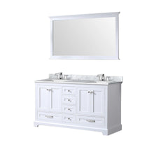 Load image into Gallery viewer, Lexora LD342260DADSM58 Dukes 60&quot; White Double Vanity, White Carrara Marble Top, White Square Sinks and 58&quot; Mirror