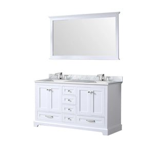 Lexora LD342260DADSM58 Dukes 60" White Double Vanity, White Carrara Marble Top, White Square Sinks and 58" Mirror