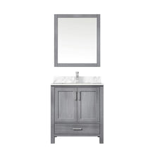Load image into Gallery viewer, Lexora LJ342230SDDSM28F Jacques 30&quot; Distressed Grey Single Vanity, White Carrara Marble Top, White Square Sink and 28&quot; Mirror w/ Faucet