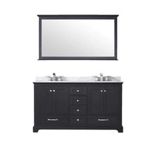 Load image into Gallery viewer, Lexora LD342260DGDSM58 Dukes 60&quot; Espresso Double Vanity, White Carrara Marble Top, White Square Sinks and 58&quot; Mirror