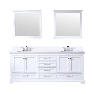 Lexora LD342280DADSM30 Dukes 80" White Double Vanity, White Carrara Marble Top, White Square Sinks and 30" Mirrors